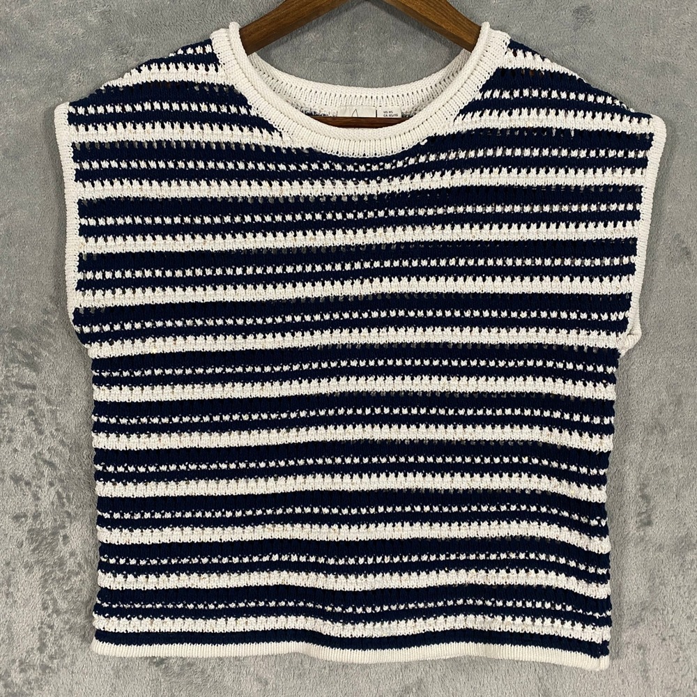 Joie Knit Sweater Womens‎ XS Navy Blue White Striped Sequin Sleeveless Preppy